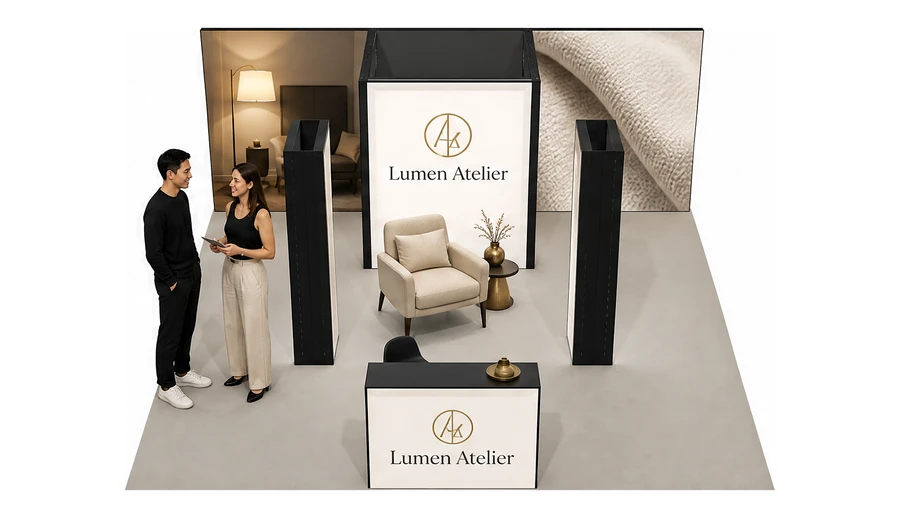 Stoisko 6 × 6 m półwyspowe dla branży meble designerskie, przykładowa marka Lumen Atelier