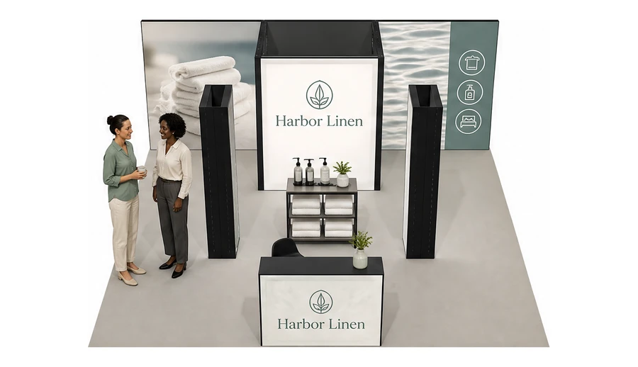 Stoisko 6 × 6 m półwyspowe dla branży wyposażenie hoteli, przykładowa marka Harbor Linen