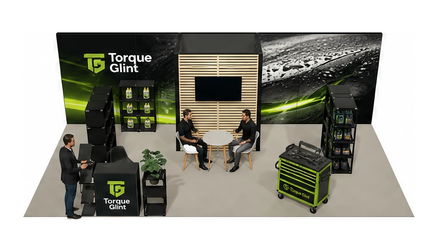Stoisko 8 × 4 m półwyspowe dla branży tuning i detailing, przykładowa marka Torque Glint