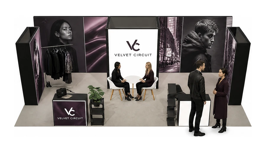 Stoisko 8 × 4 m półwyspowe dla branży odzież i moda, przykładowa marka Velvet Circuit