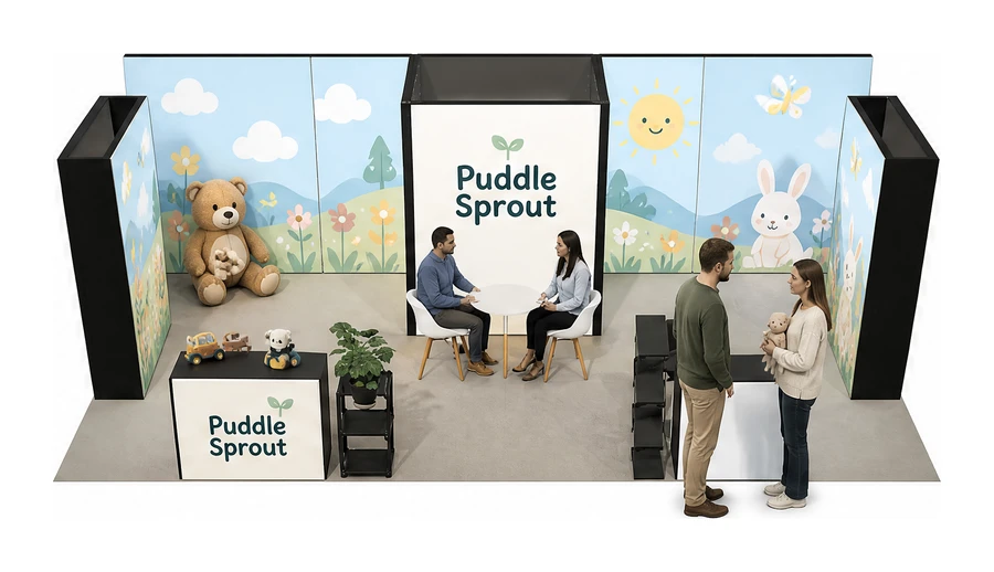 Stoisko 8 × 4 m półwyspowe dla branży zabawki i artykuły dziecięce, przykładowa marka Puddle Sprout