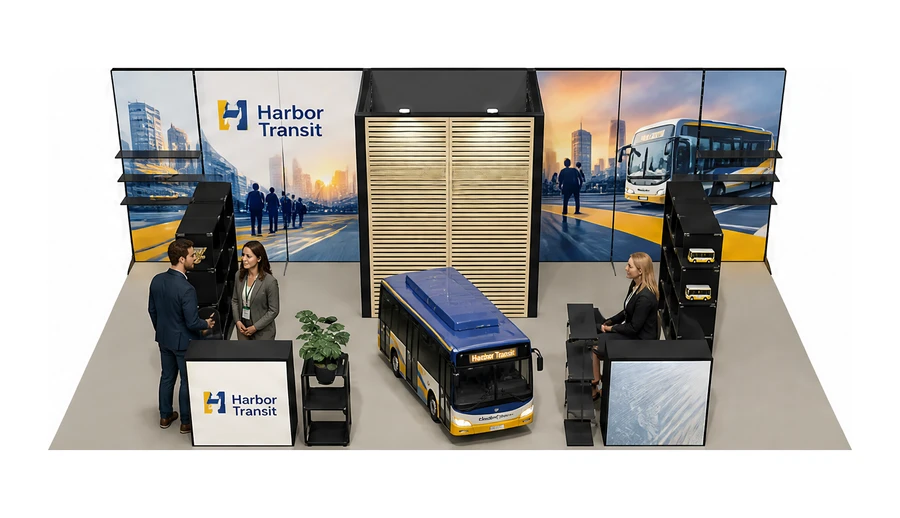 Stoisko 8 × 4 m półwyspowe dla branży autobusy i transport zbiorowy, przykładowa marka Harbor Transit