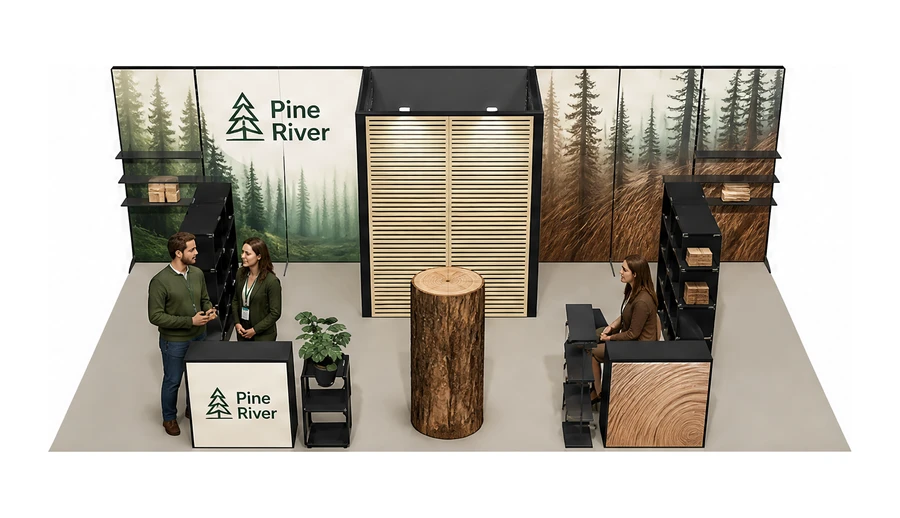 Stoisko 8 × 4 m półwyspowe dla branży leśnictwo i przemysł drzewny, przykładowa marka Pine River