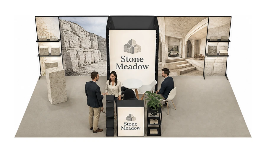 Stoisko 8 × 4 m półwyspowe dla branży kamień i kamieniarstwo, przykładowa marka Stone Meadow