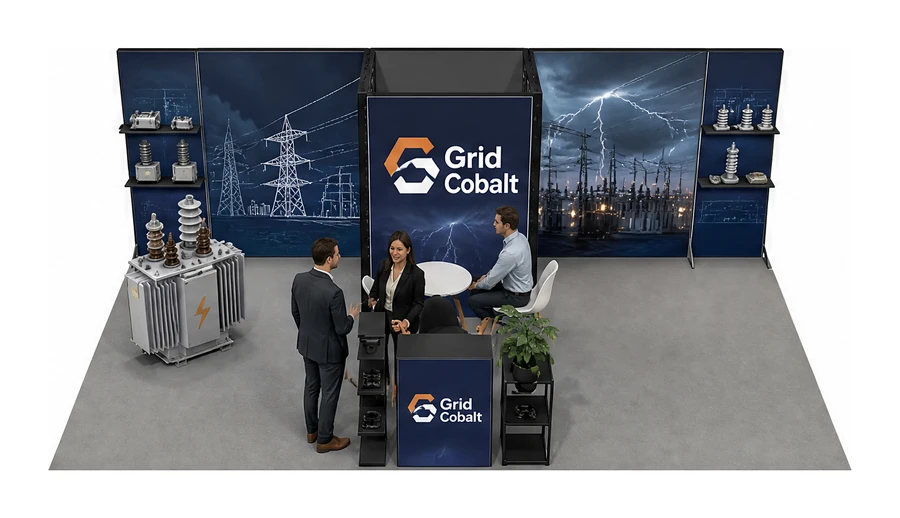 Stoisko 8 × 4 m półwyspowe dla branży energetyka i sieci, przykładowa marka Grid Cobalt