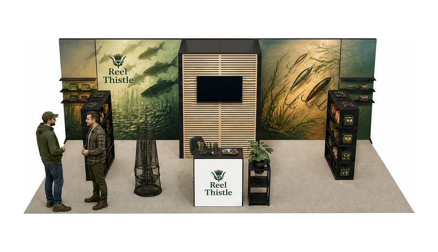 Stoisko 8 × 4 m półwyspowe dla branży wędkarstwo, przykładowa marka Reel Thistle