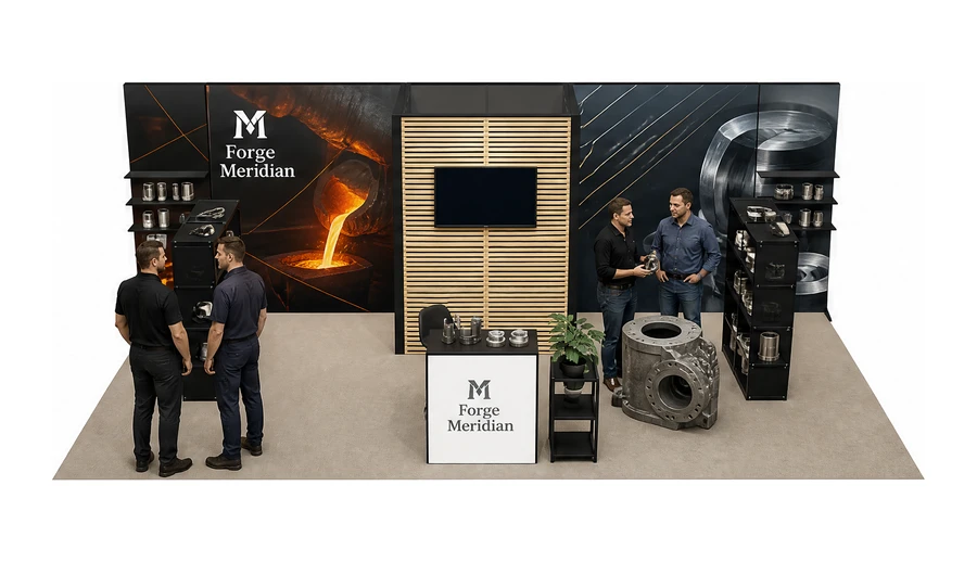 Stoisko 8 × 4 m półwyspowe dla branży obróbka metali i odlewnictwo, przykładowa marka Forge Meridian