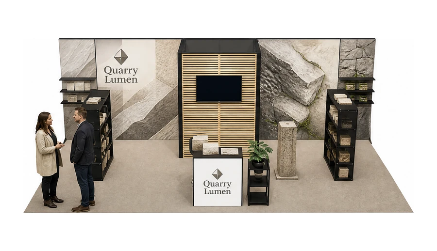 Stoisko 8 × 4 m półwyspowe dla branży kamień i kamieniarstwo, przykładowa marka Quarry Lumen
