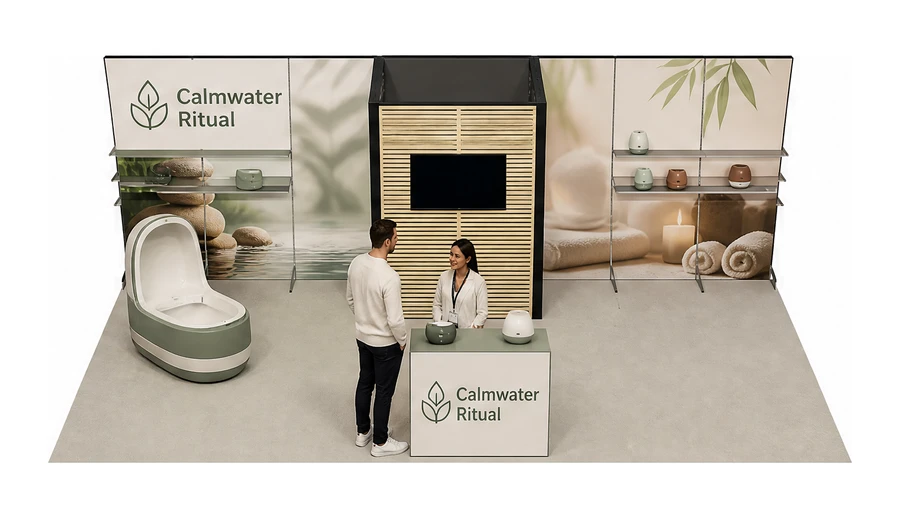 Stoisko 8 × 4 m półwyspowe dla branży spa i wellness, przykładowa marka Calmwater Ritual