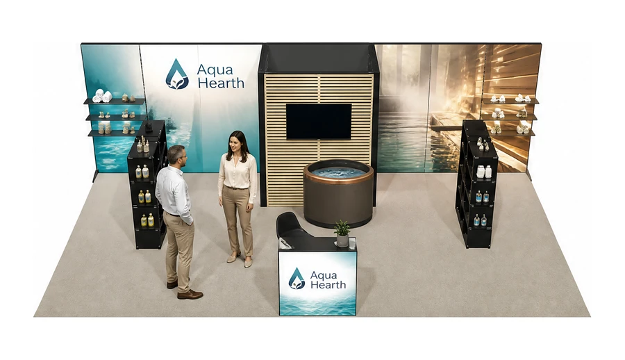 Stoisko 8 × 4 m półwyspowe dla branży baseny i sauny, przykładowa marka Aqua Hearth