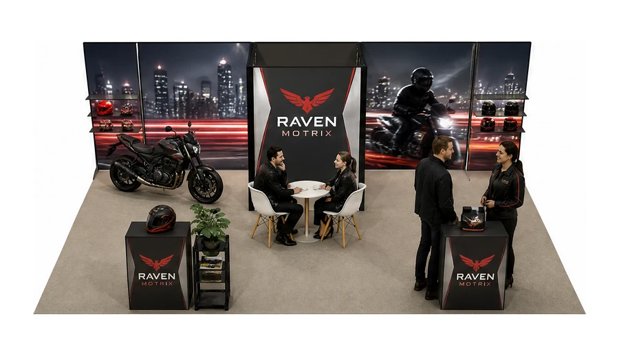Stoisko 8 × 4 m półwyspowe dla branży motocykle i skutery, przykładowa marka Raven Motrix