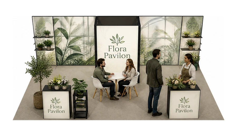 Stoisko 8 × 4 m półwyspowe dla branży rośliny i kwiaciarstwo, przykładowa marka Flora Pavilon