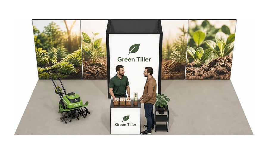 Stoisko 8 × 4 m półwyspowe dla branży ogród i architektura krajobrazu, przykładowa marka Green Tiller