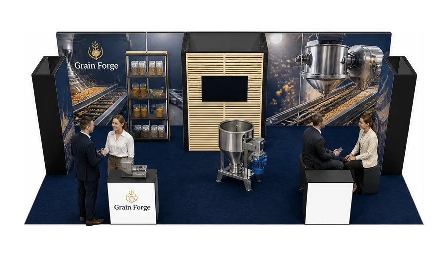 Stoisko 8 × 4 m półwyspowe dla branży technologie spożywcze, przykładowa marka Grain Forge