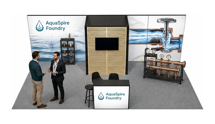 Stoisko 8 × 4 m półwyspowe dla branży instalacje wodno-kanalizacyjne, przykładowa marka AquaSpire Foundry