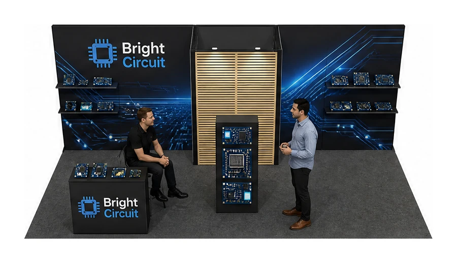 Stoisko 8 × 4 m półwyspowe dla branży komponenty elektroniczne, przykładowa marka Bright Circuit