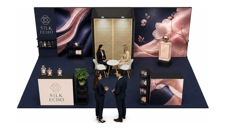 Stoisko 8 × 4 m półwyspowe dla branży perfumy, przykładowa marka Silk Echo