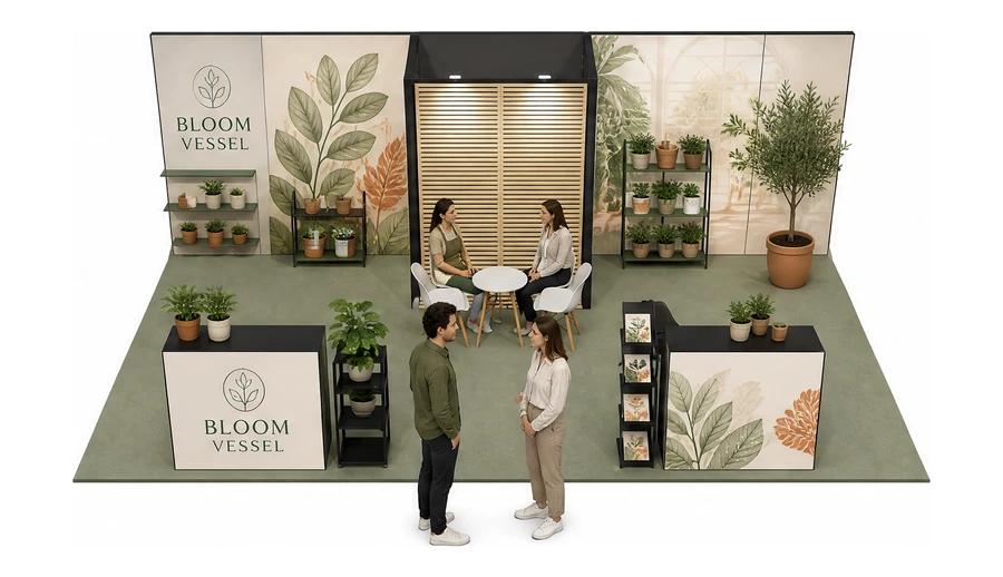 Stoisko 8 × 4 m półwyspowe dla branży rośliny i kwiaciarstwo, przykładowa marka Bloom Vessel
