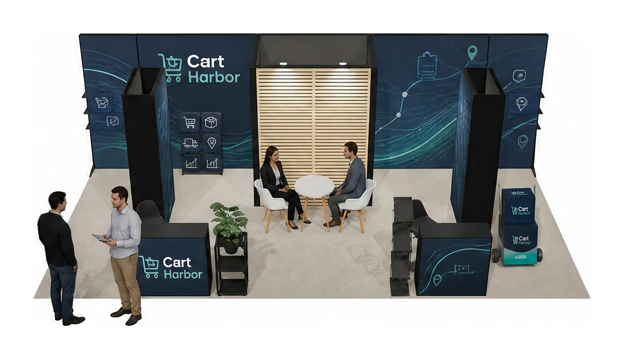 Stoisko 8 × 4 m półwyspowe dla branży e-commerce, przykładowa marka Cart Harbor