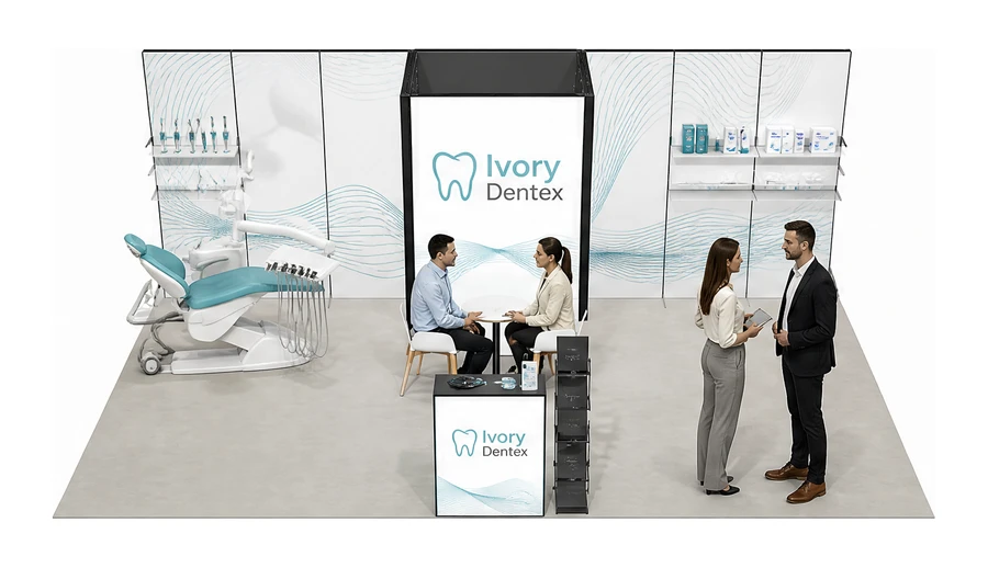 Stoisko 8 × 4 m półwyspowe dla branży stomatologia, przykładowa marka Ivory Dentex