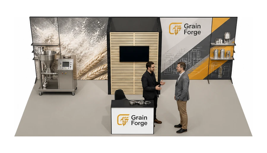 Stoisko 8 × 4 m półwyspowe dla branży technologie spożywcze, przykładowa marka Grain Forge
