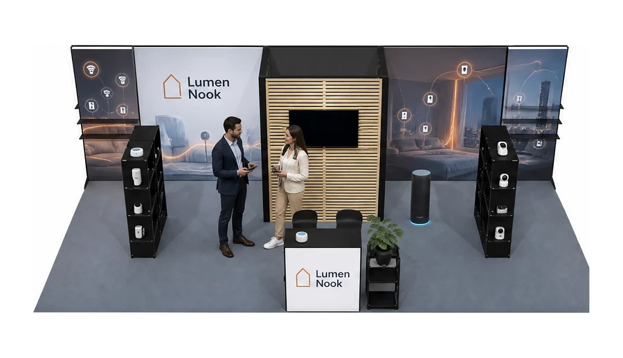 Stoisko 8 × 4 m półwyspowe dla branży smart home i IoT, przykładowa marka Lumen Nook