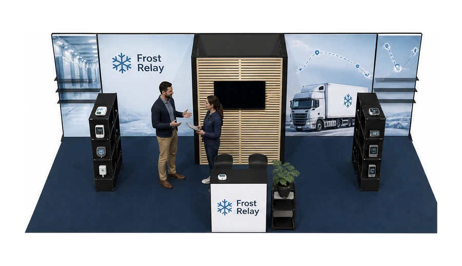 Stoisko 8 × 4 m półwyspowe dla branży łańcuch chłodniczy, przykładowa marka Frost Relay