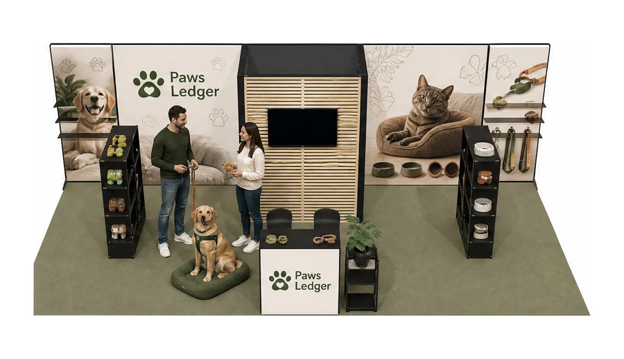 Stoisko 8 × 4 m półwyspowe dla branży akcesoria dla zwierząt, przykładowa marka Paws Ledger