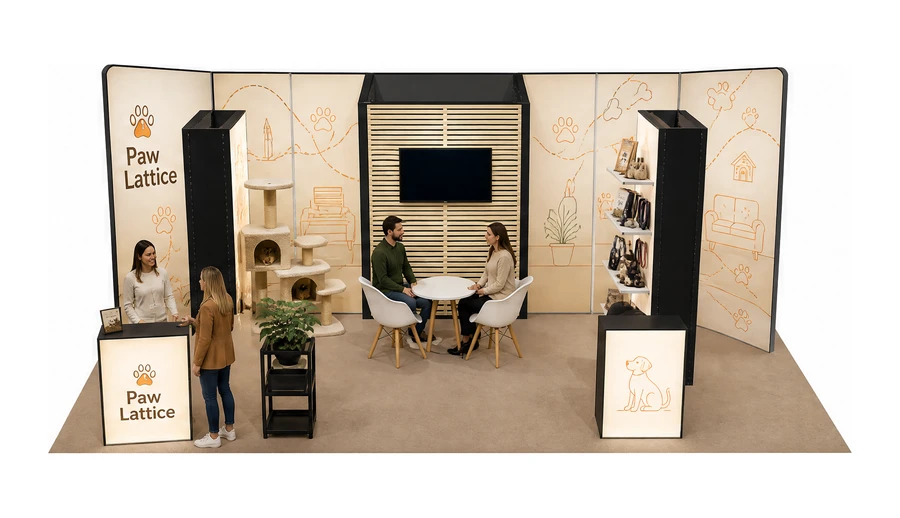 Stoisko 8 × 4 m półwyspowe dla branży akcesoria dla zwierząt, przykładowa marka Paw Lattice