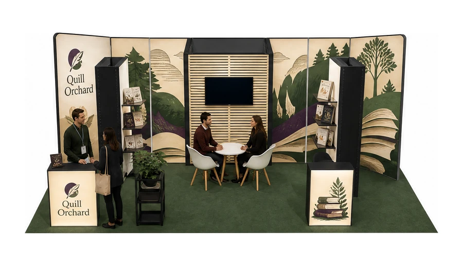 Stoisko 8 × 4 m półwyspowe dla branży wydawnictwa, przykładowa marka Quill Orchard