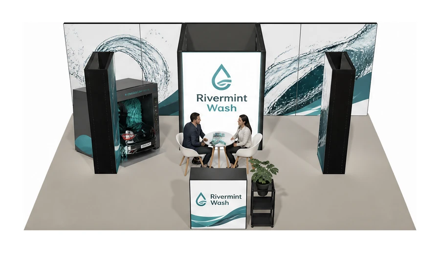 Stoisko 8 × 5 m półwyspowe dla branży myjnie i pielęgnacja aut, przykładowa marka Rivermint Wash