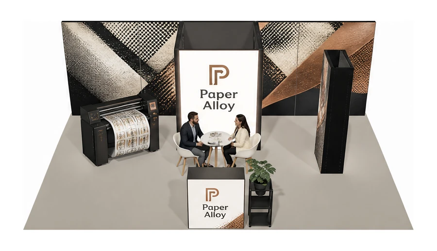 Stoisko 8 × 5 m półwyspowe dla branży etykiety i poligrafia, przykładowa marka Paper Alloy