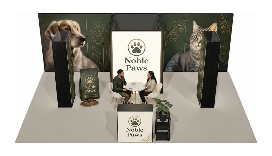 Stoisko 8 × 5 m półwyspowe dla branży karma dla zwierząt, przykładowa marka Noble Paws