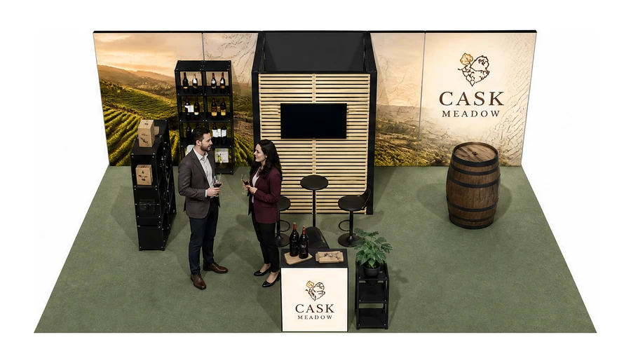 Stoisko 8 × 5 m półwyspowe dla branży winnica, przykładowa marka Cask Meadow