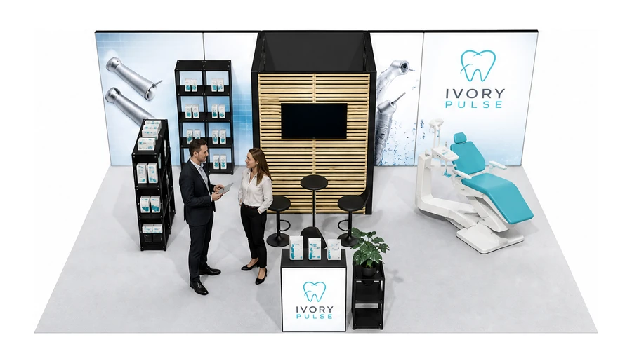 Stoisko 8 × 5 m półwyspowe dla branży stomatologia, przykładowa marka Ivory Pulse