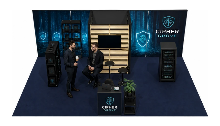Stoisko 8 × 5 m półwyspowe dla branży cyberbezpieczeństwo, przykładowa marka Cipher Grove