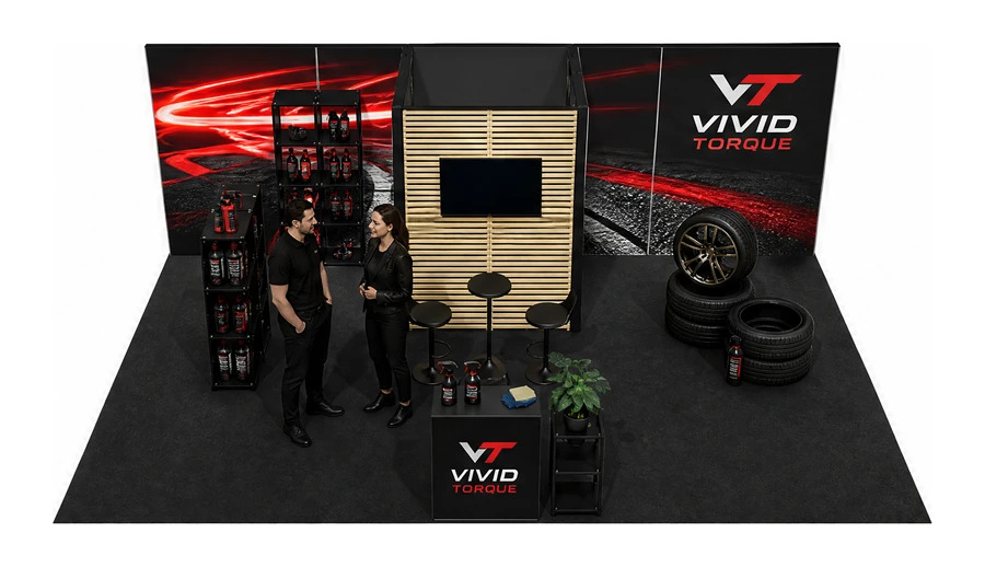 Stoisko 8 × 5 m półwyspowe dla branży tuning i detailing, przykładowa marka Vivid Torque