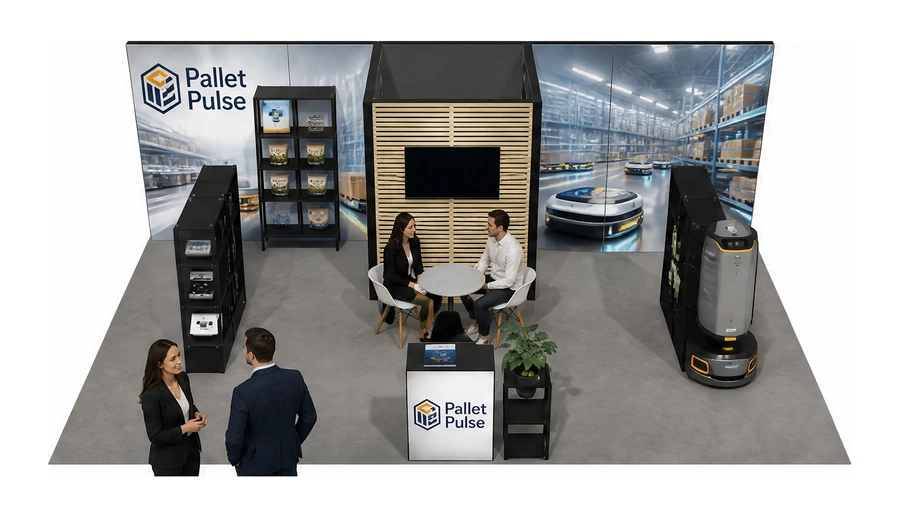 Stoisko 8 × 5 m półwyspowe dla branży intralogistyka i magazyn, przykładowa marka Pallet Pulse