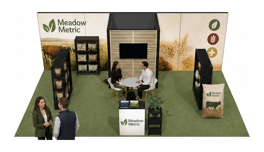 Stoisko 8 × 5 m półwyspowe dla branży hodowla i pasze, przykładowa marka Meadow Metric