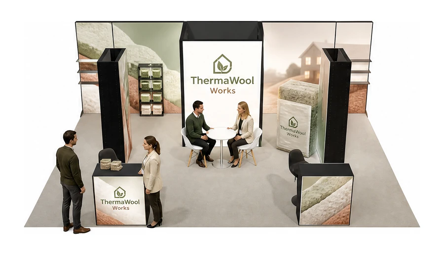 Stoisko 8 × 5 m półwyspowe dla branży izolacje techniczne, przykładowa marka ThermaWool Works