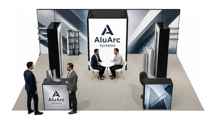 Stoisko 8 × 5 m półwyspowe dla branży profile aluminiowe, przykładowa marka AluArc Systems