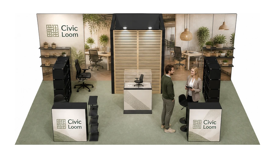 Stoisko 8 × 5 m półwyspowe dla branży meble biurowe, przykładowa marka Civic Loom