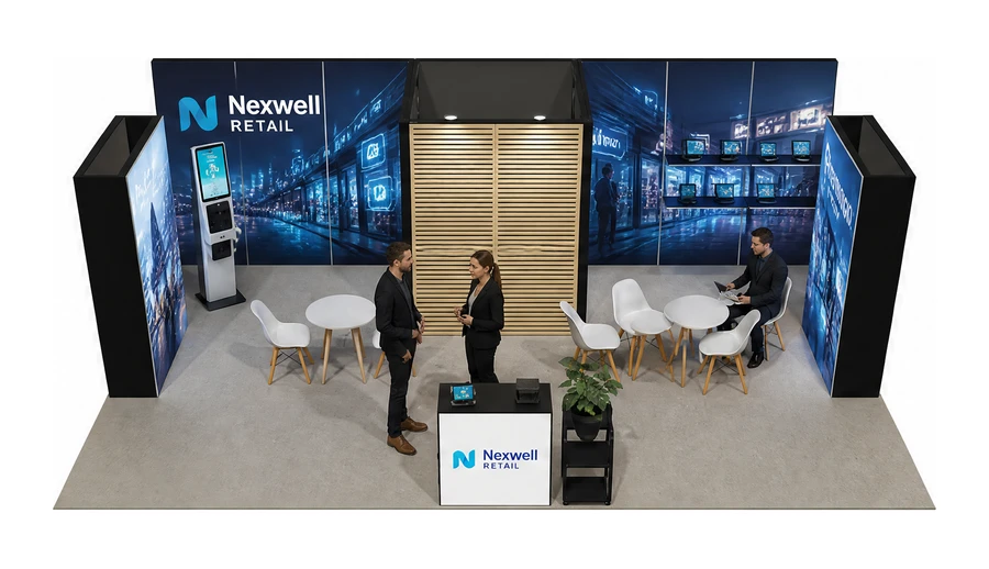 Stoisko 8 × 5 m półwyspowe dla branży technologie dla handlu, przykładowa marka Nexwell Retail