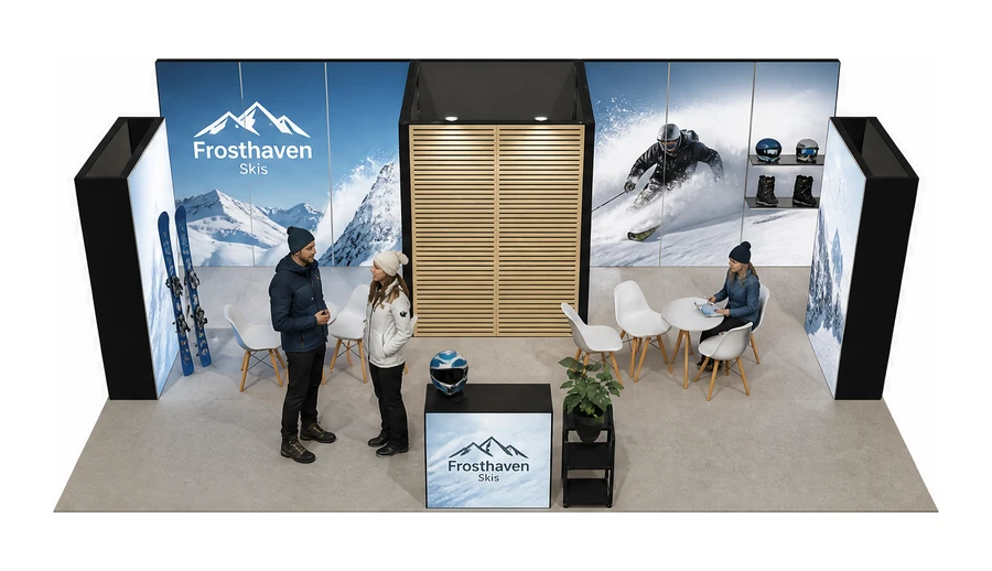 Stoisko 8 × 5 m półwyspowe dla branży narciarstwo i sporty zimowe, przykładowa marka Frosthaven Skis