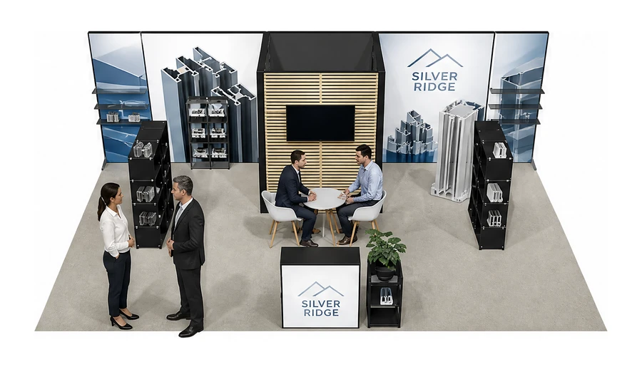 Stoisko 8 × 5 m półwyspowe dla branży profile aluminiowe, przykładowa marka Silver Ridge