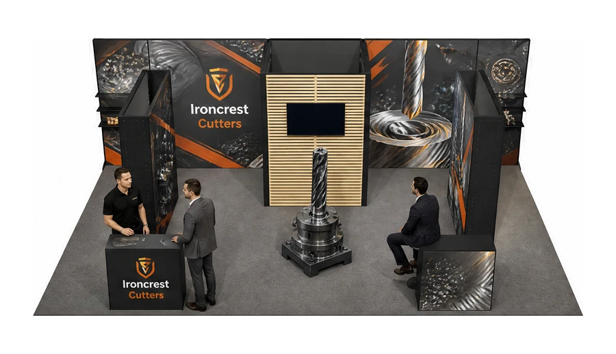 Stoisko 8 × 5 m półwyspowe dla branży obrabiarki i narzędzia, przykładowa marka Ironcrest Cutters