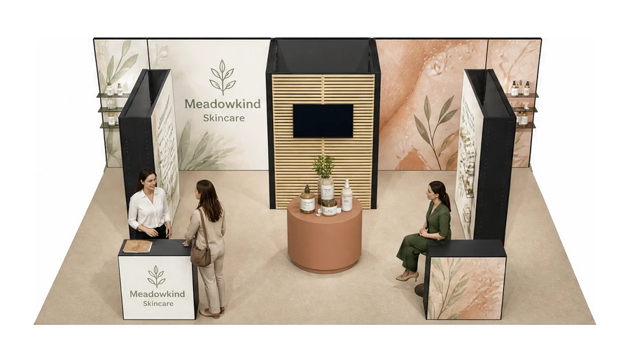 Stoisko 8 × 5 m półwyspowe dla branży kosmetyki naturalne, przykładowa marka Meadowkind Skincare
