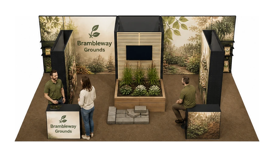 Stoisko 8 × 5 m półwyspowe dla branży ogród i architektura krajobrazu, przykładowa marka Brambleway Grounds