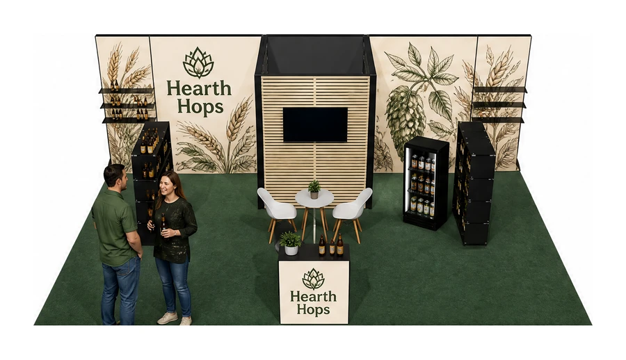 Stoisko 8 × 5 m półwyspowe dla branży browar rzemieślniczy, przykładowa marka Hearth Hops