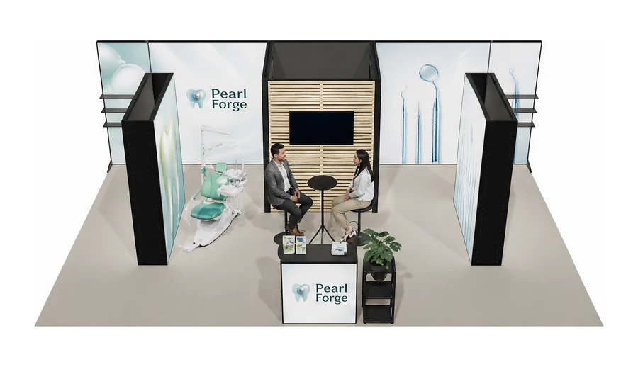 Stoisko 8 × 5 m półwyspowe dla branży stomatologia, przykładowa marka Pearl Forge